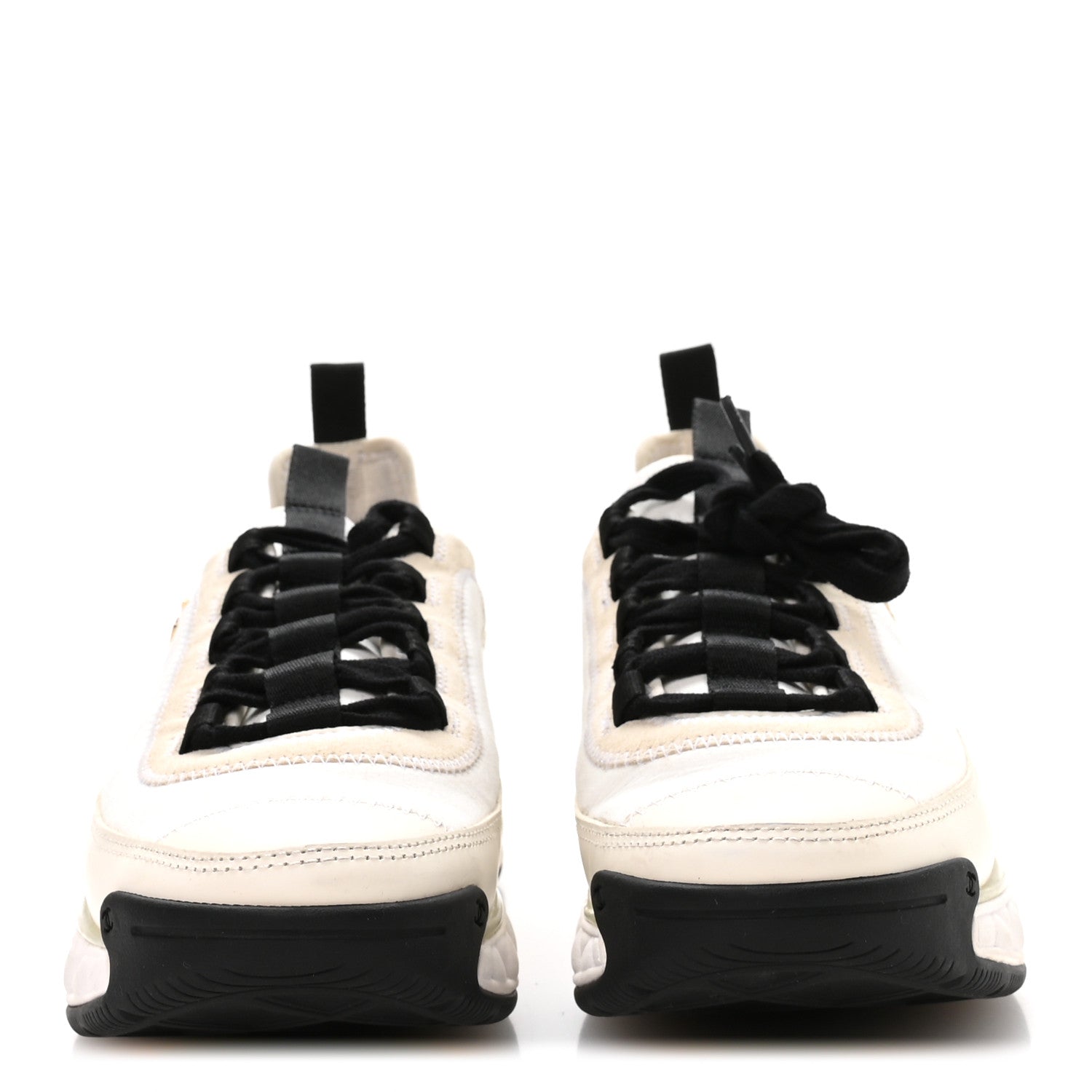 Chanel Velvet Calfskin Mixed Fibers CC Sneakers 37 Ivory Black