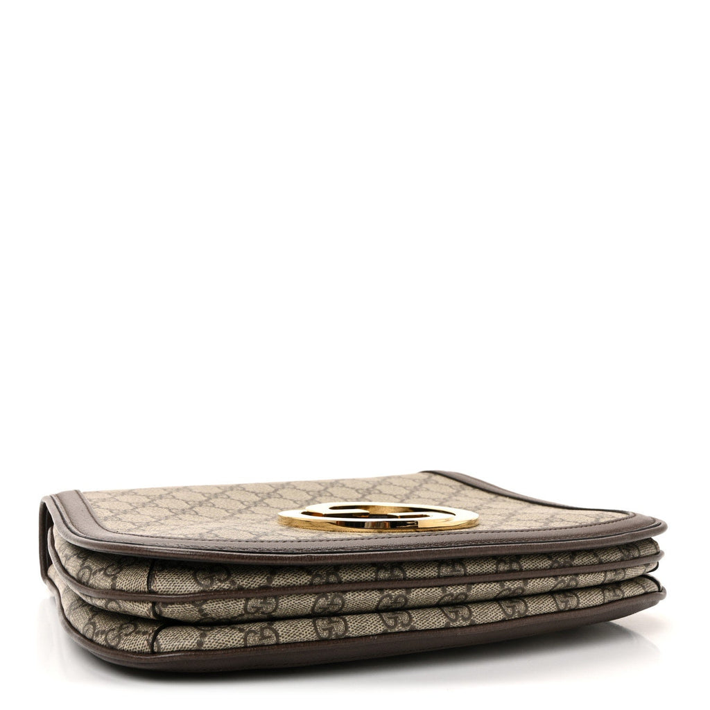 Gucci GG Supreme Monogram Textured Dollar Calfskin Web Medium Blondie Top Handle Shoulder Flap Bag Beige Ebony New Acero