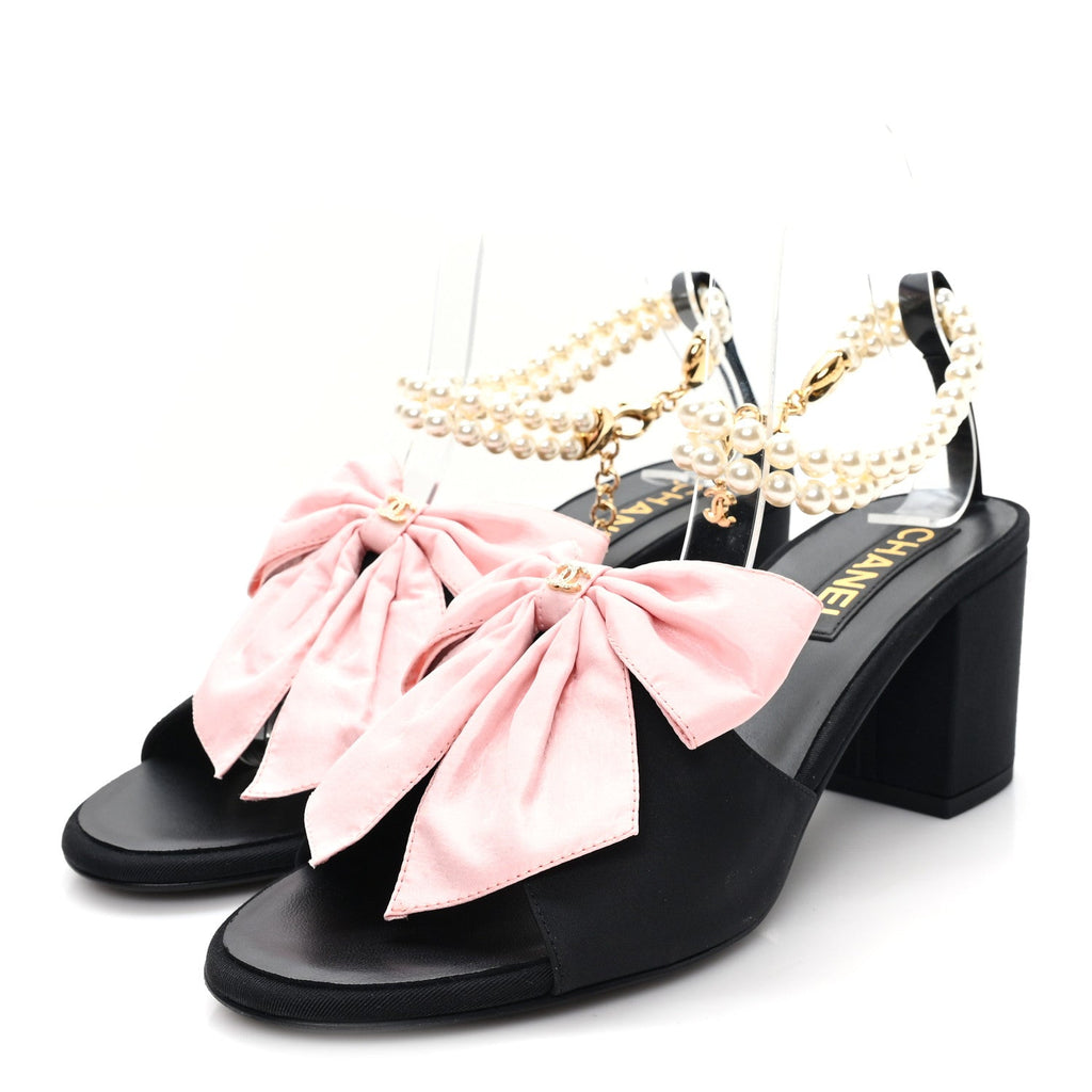 Chanel Silk Pearl Bow CC Ankle Strap Sandals 39.5 Pink Black