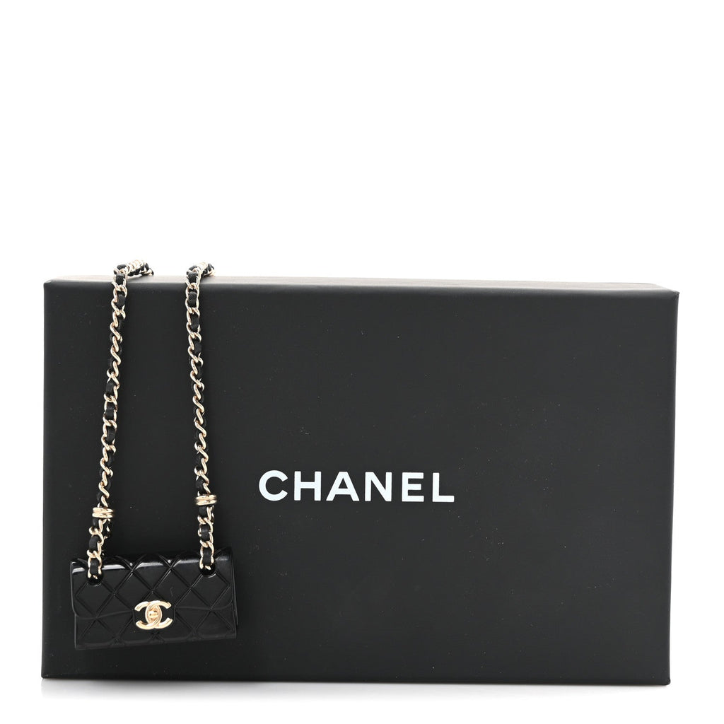 Metal Resin Calfskin Quilted CC Turnlock Chain Bag Necklace Gold Black