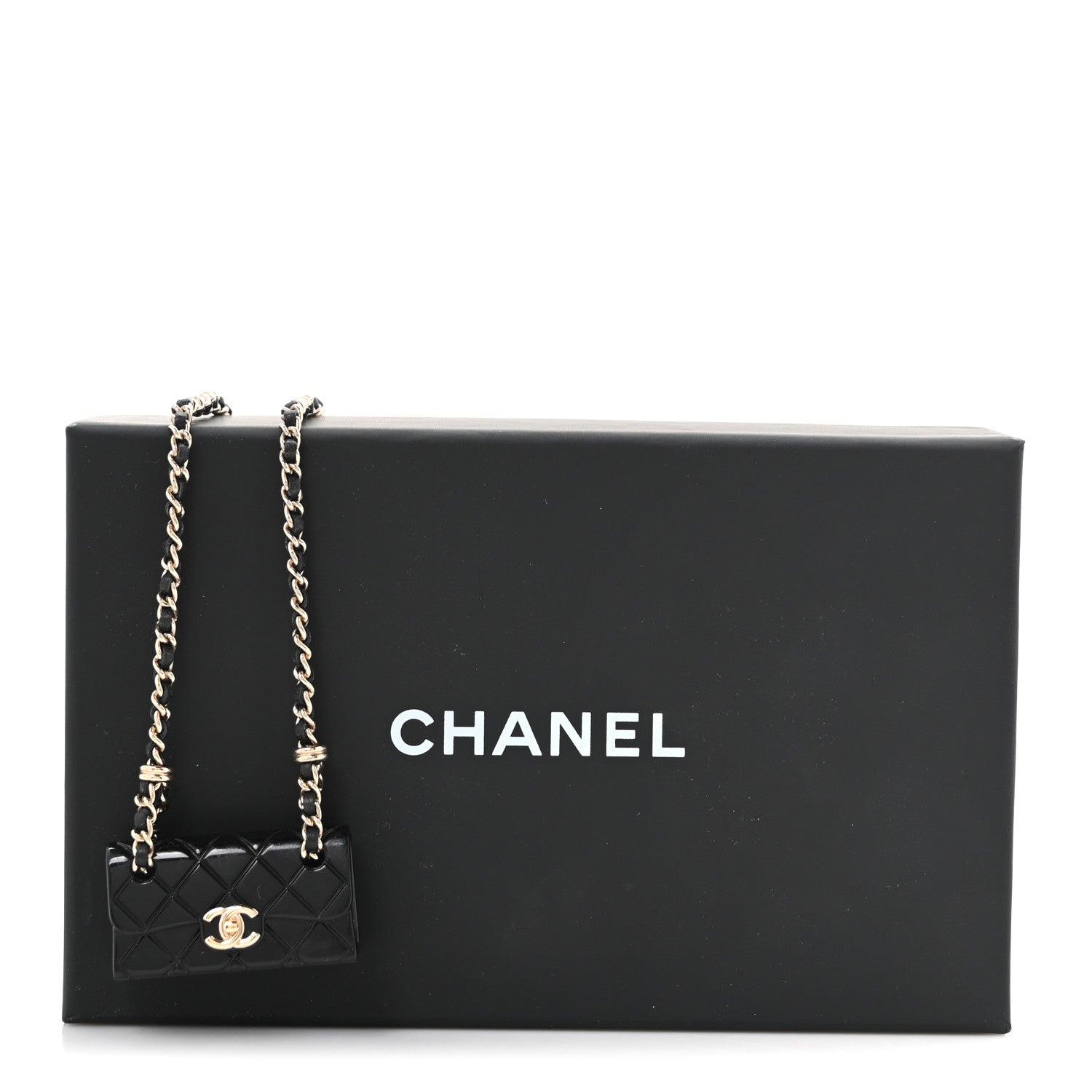 Metal Resin Calfskin Quilted CC Turnlock Chain Bag Necklace Gold Black