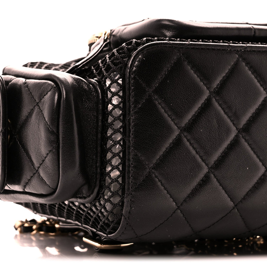 Chanel Shiny Lambskin Mesh Quilted Small Cargo Duma Drawstring Backpack Black