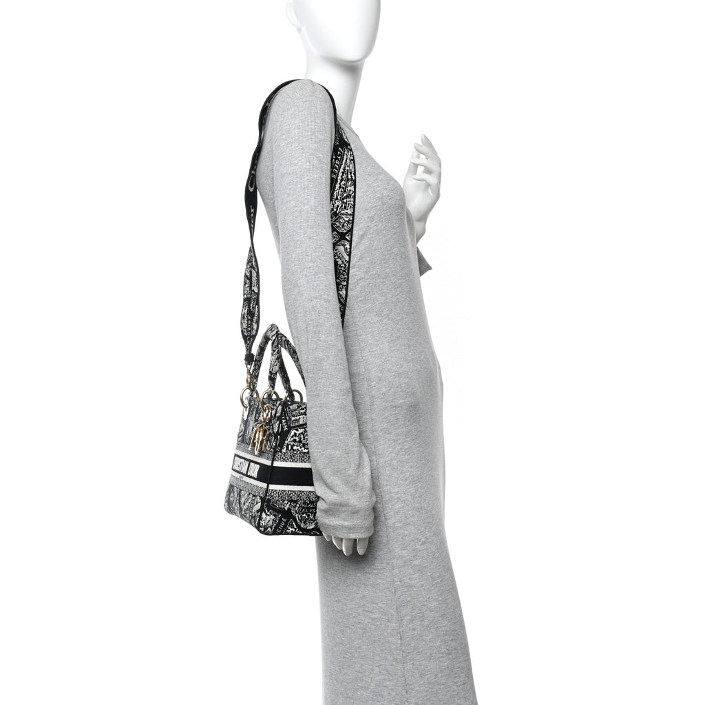 Christian Dior Canvas Embroidered Medium Plan de Paris Lady D-Lite Black White