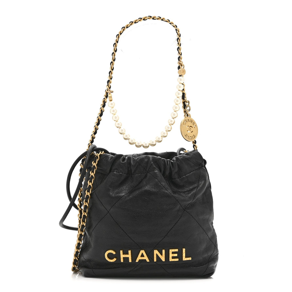 Chanel Shiny Crumpled Calfskin Quilted Pearl Mini Chanel 22 Black