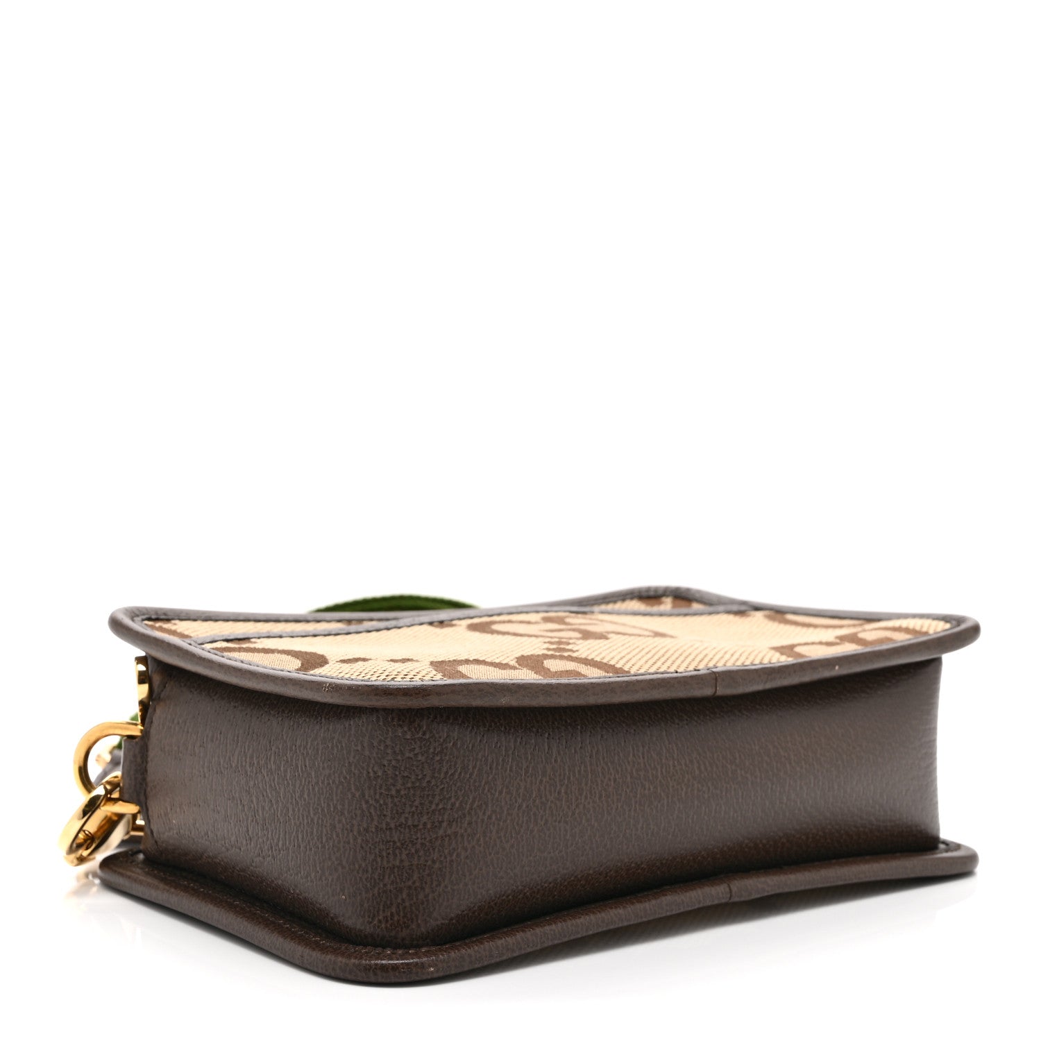 Gucci Monogram Jumbo GG Textured Dollar Calfskin Web Mini Crossbody Bag Camel Ebony New Acero