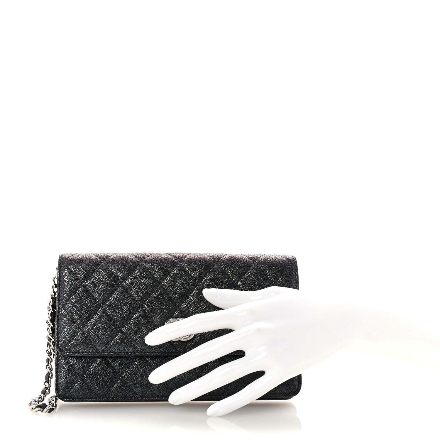 Iridescent Caviar Quilted Classic Pouch Clutch Black