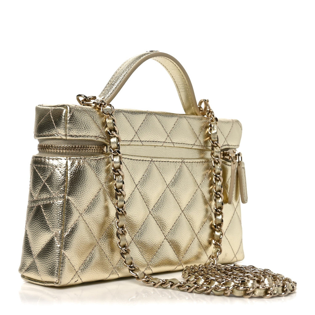 Chanel Metallic Caviar Quilted Trendy Handle Slim Vanity Light Golden