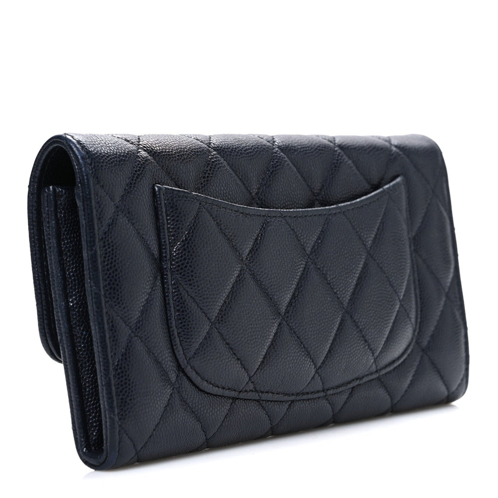 Caviar Quilted Large Gusset Flap Wallet Navy