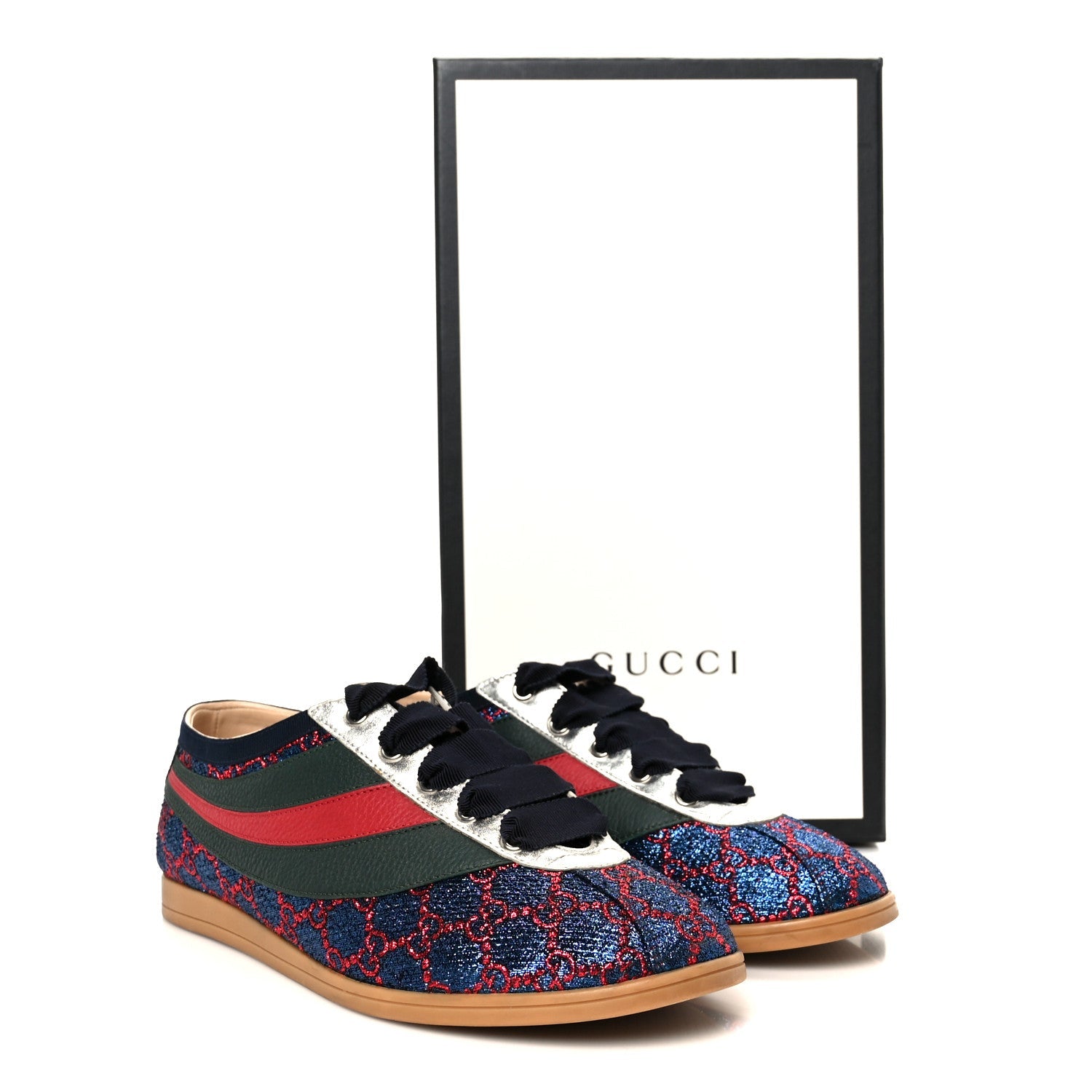 Gucci Lurex Calfskin Web GG Monogram Mens Falacer Sneakers 8.5 Iridescent Blue Iridescent Red Silver