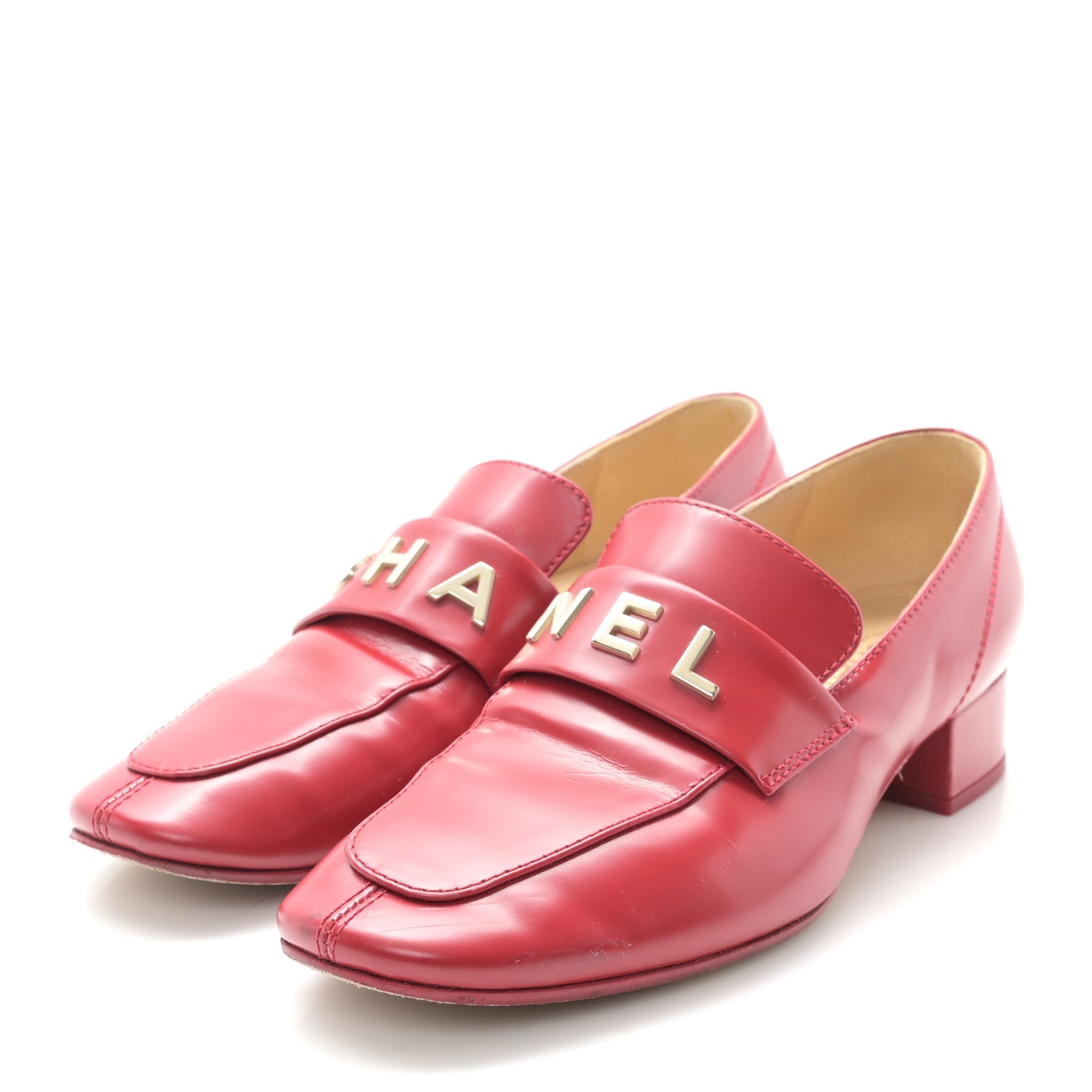Chanel Shiny Calfskin Logo Loafers 36.5 Red
