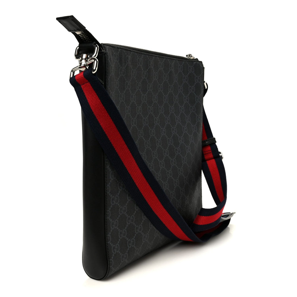 Gucci GG Supreme Monogram Appia Calfskin Web Flat Messenger Bag Black Grey