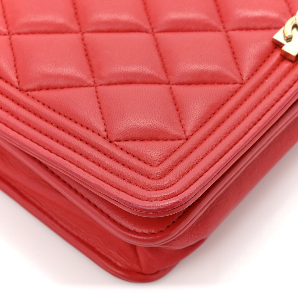 Chanel Lambskin Quilted Boy Wallet On Chain WOC Red