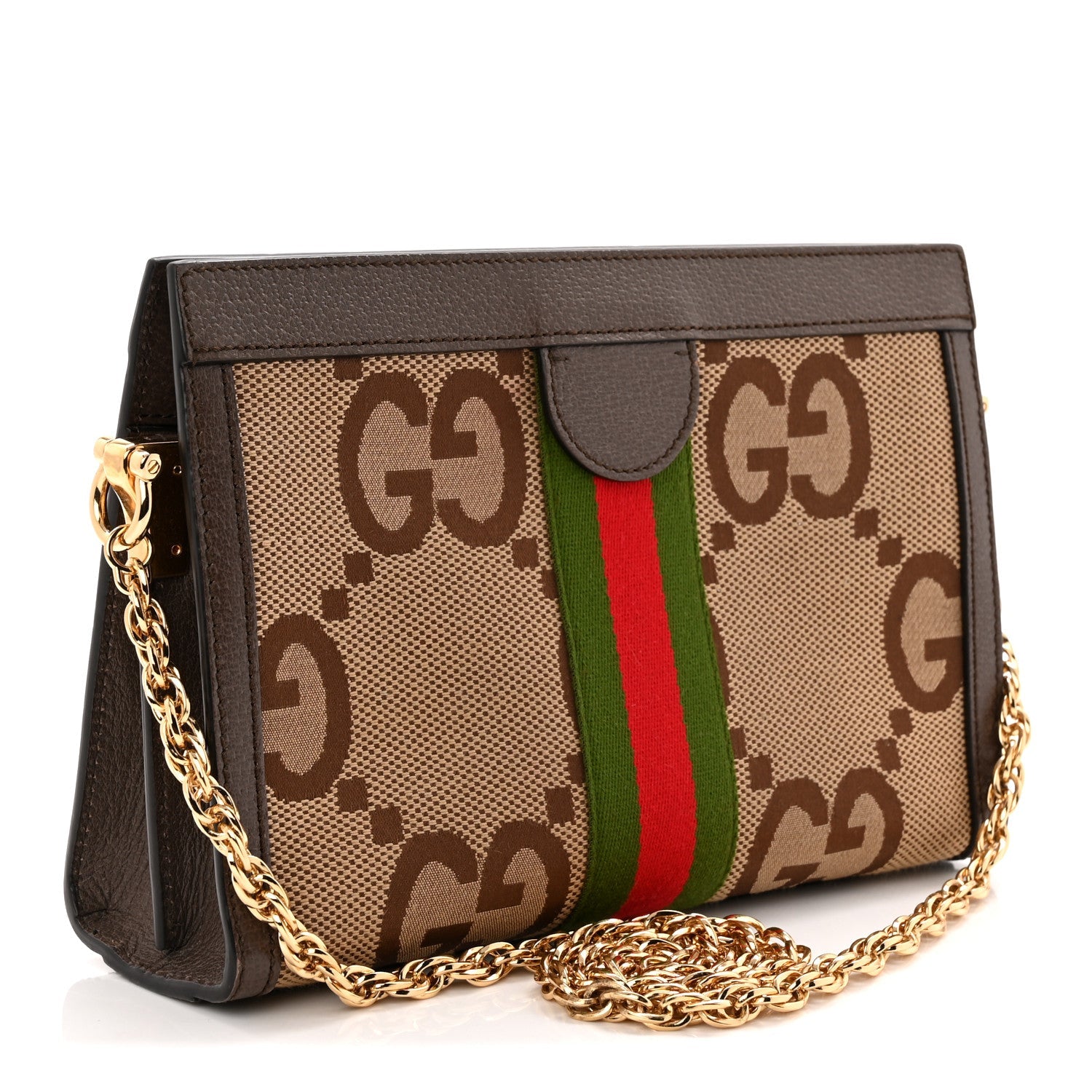Gucci Monogram Jumbo GG Textured Dollar Calfskin Web Small Ophidia Chain Shoulder Bag Camel Ebony New Acero