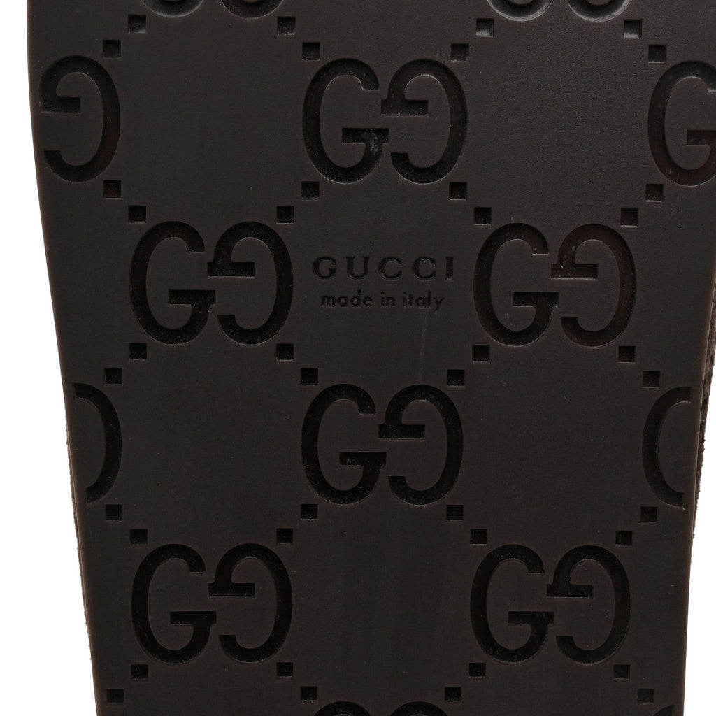 Gucci Suede GG Debossed Shearling Womens Horsebit Mules 36 Dark Brown