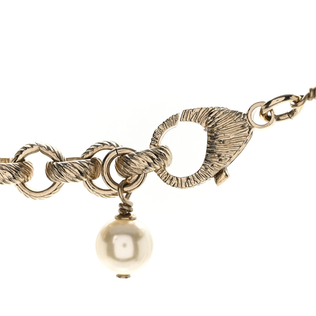 Pearl Crystal Cha-Nel Logo Necklace Gold
