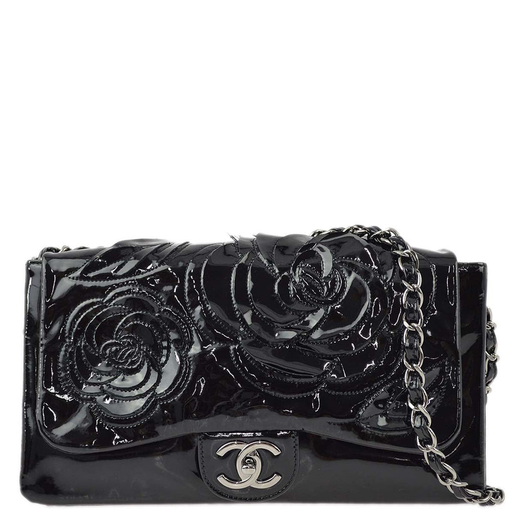 Chanel 2010-2011 Black Patent Leather Camelia Double Chain Shoulder Bag