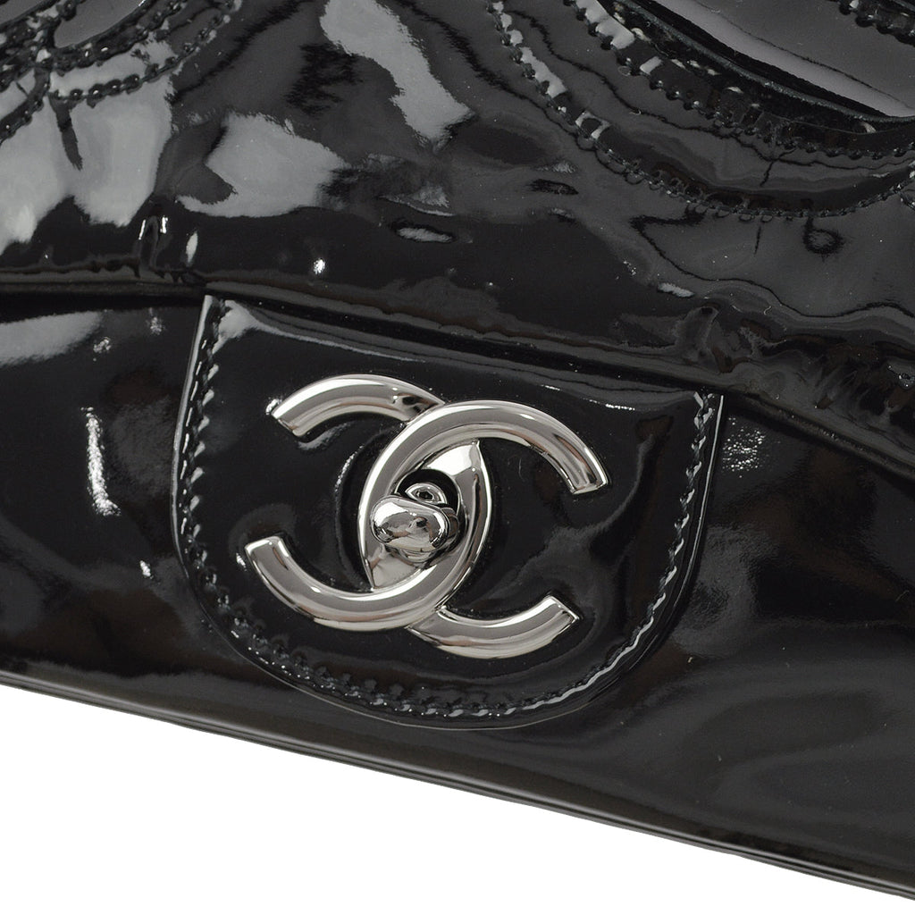 Chanel 2010-2011 Black Patent Leather Camelia Double Chain Shoulder Bag