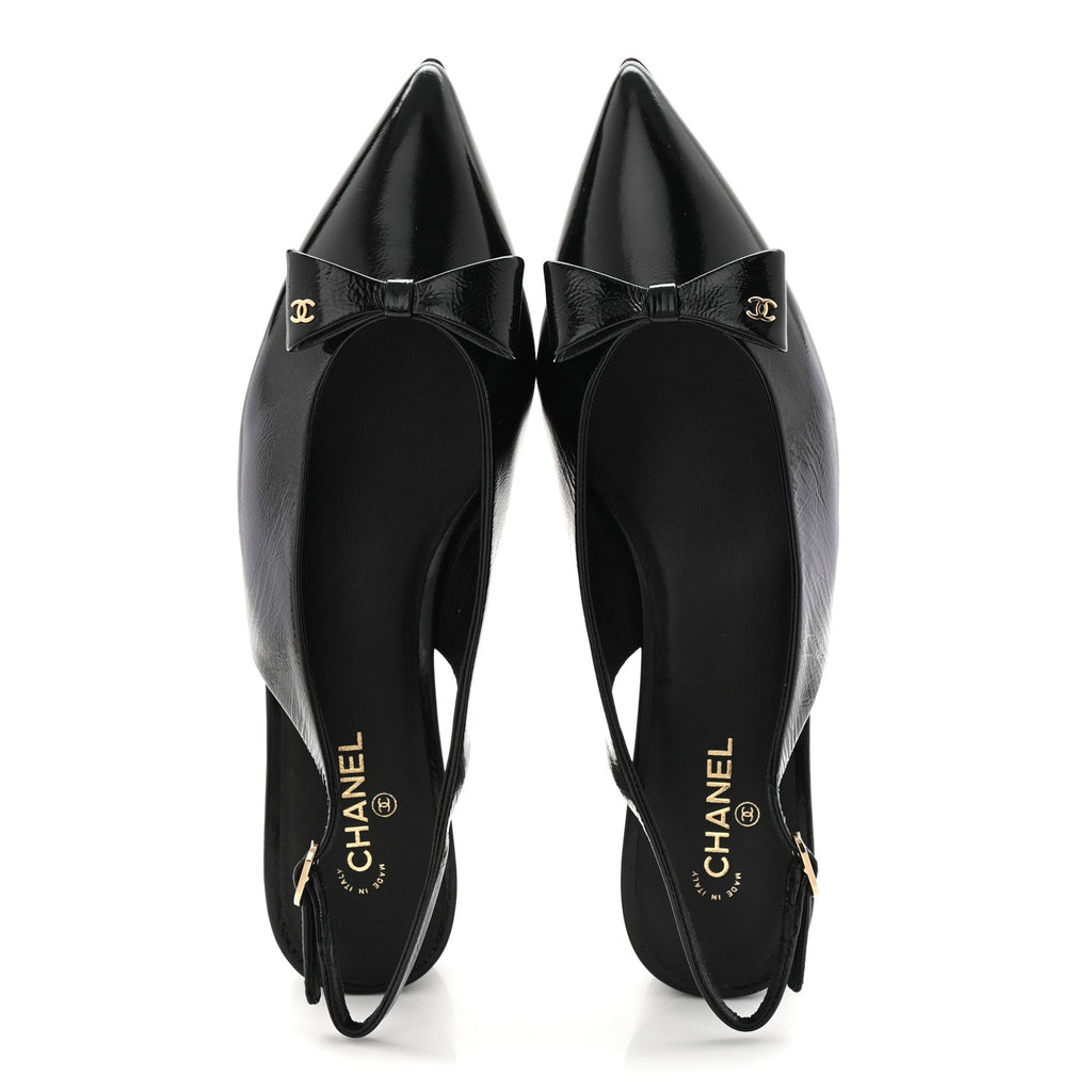 Crumpled Patent Calfskin CC Bow Slingback Pumps 37.5 Black