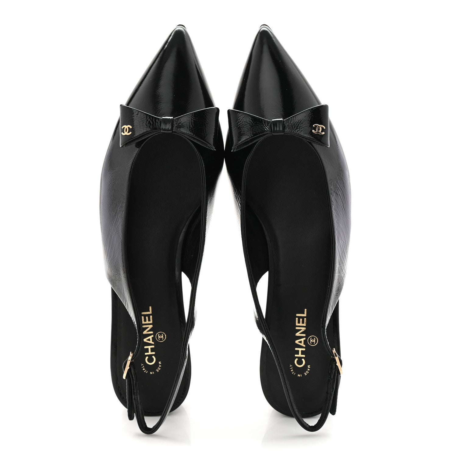 Crumpled Patent Calfskin CC Bow Slingback Pumps 37.5 Black