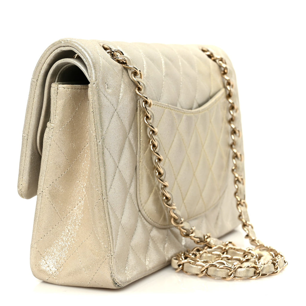 Chanel Metallic Canvas Quilted Medium Double Flap Light Gold