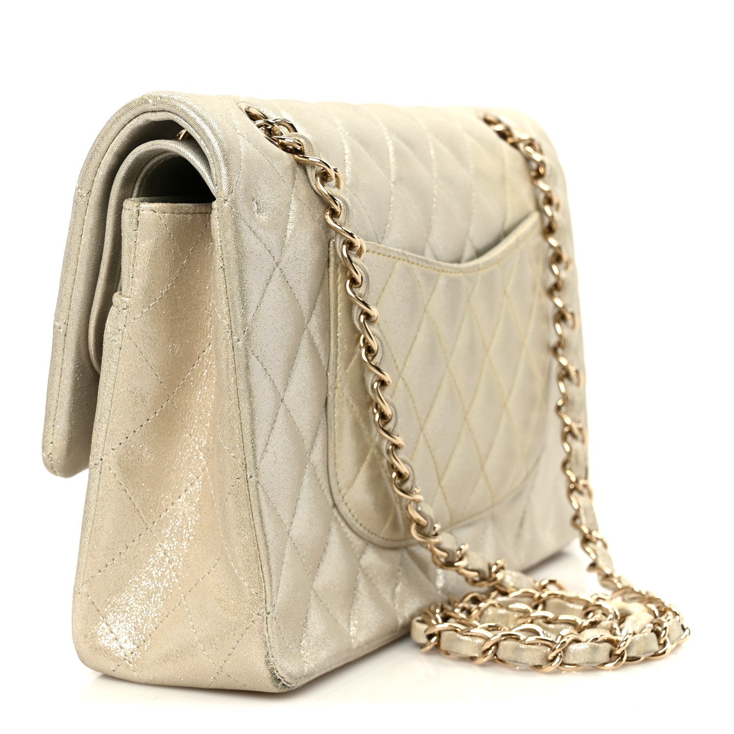 Chanel Metallic Canvas Quilted Medium Double Flap Light Gold