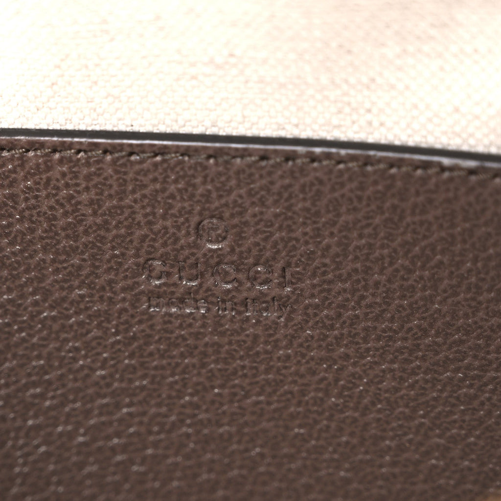 Gucci GG Supreme Monogram Textured Dollar Calfskin Web Mini Ophidia Top Handle Bag Beige Ebony New Acero