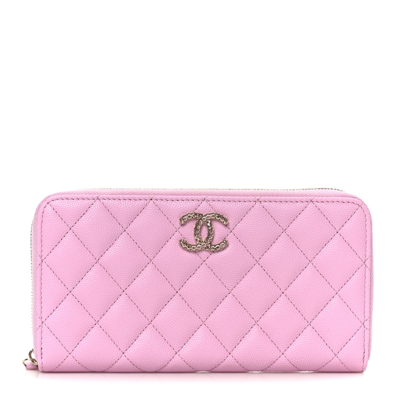 Caviar Quilted Perforated CC Long Zipped Wallet Pink