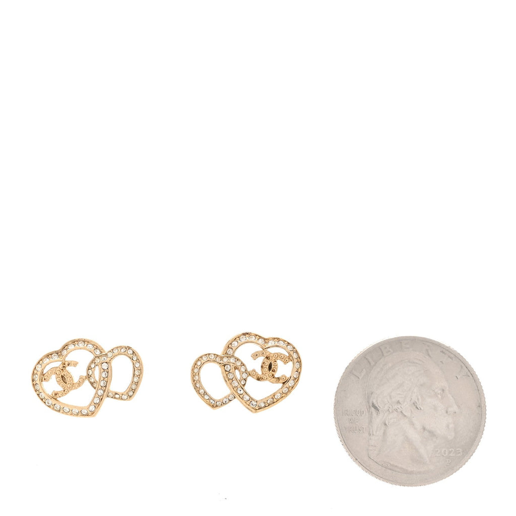 Crystal Metal CC Double Heart Earrings Gold