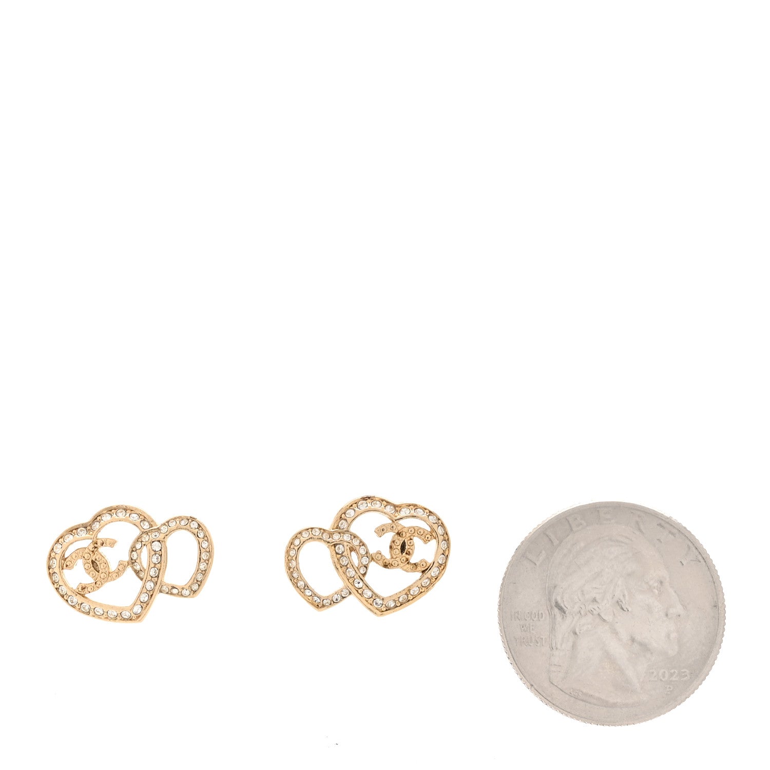 Crystal Metal CC Double Heart Earrings Gold