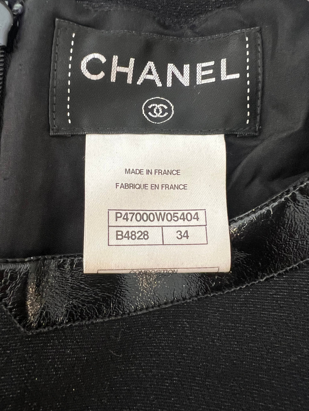 Chanel Fall 2013 Black Mini Dress with Patent Leather Effect Trim Details and Globe CC Logo Button Size FR 34 (UK 6)