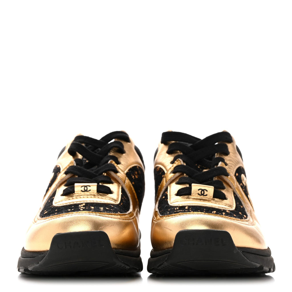 Satin Lambskin Fabric Tweed CC Sneakers 36.5 Gold Black