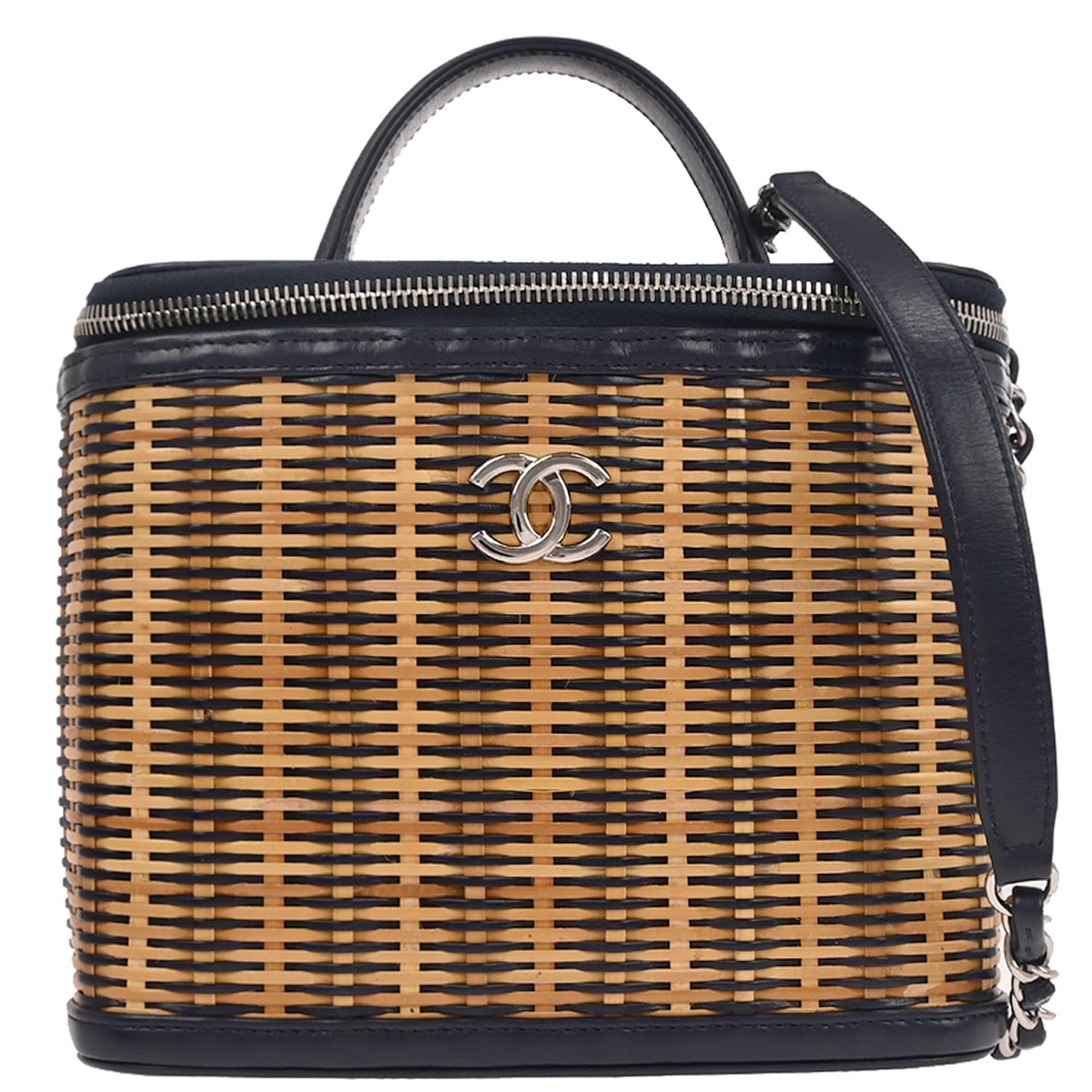 Chanel 2019 Navy Rattan Calfskin Take Away Vanity Case 2way Handbag