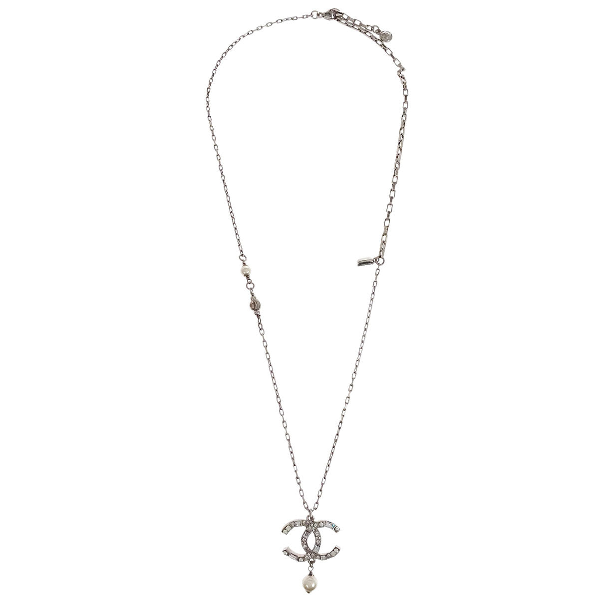 Chanel CC Chain Necklace Pendant Silver Costume Pearl Rhinestone 12A