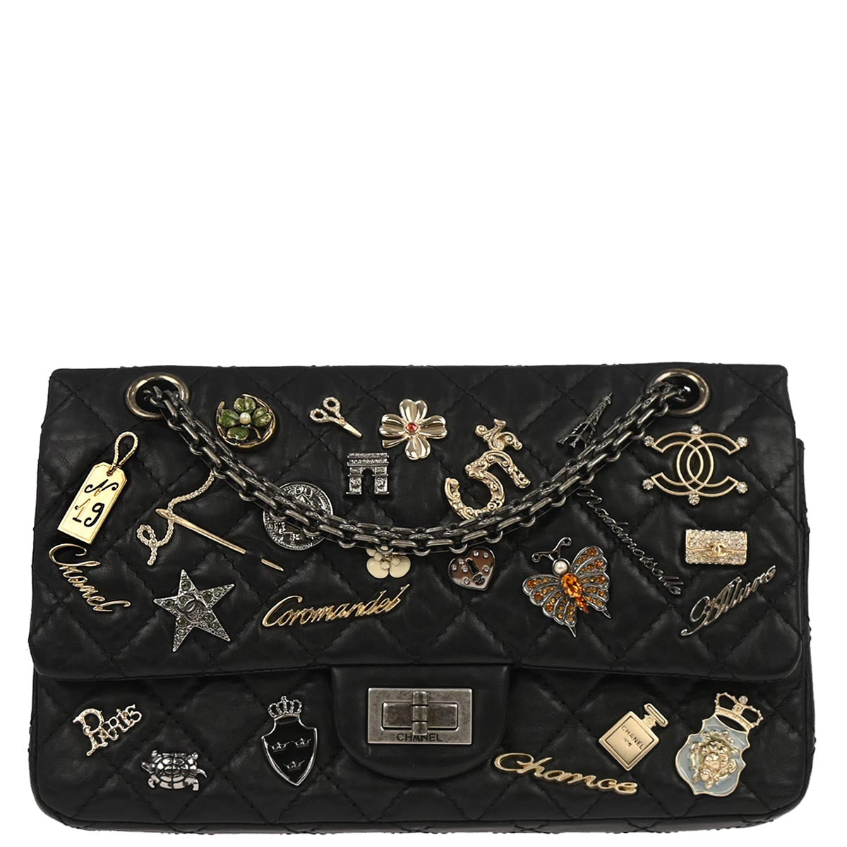 Chanel 2012 Black Calfskin Icon 2.55 Medium Classic Double Flap Shoulder Bag