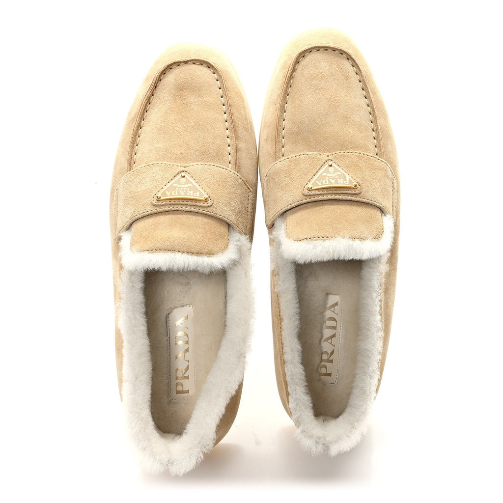 Prada Suede Shearling Triangle Logo Loafer 39 Ecru