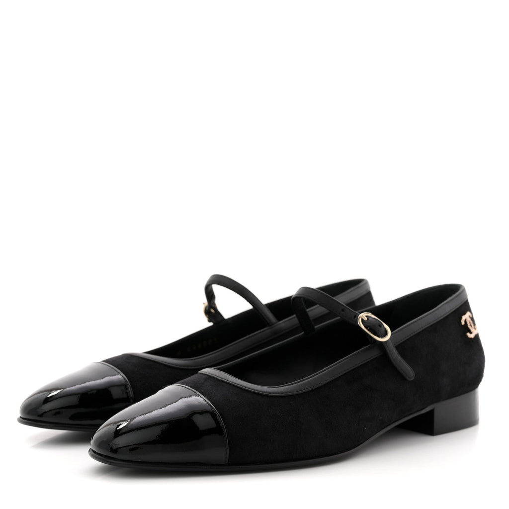 Chanel Suede Kidskin Lambskin Patent Calfskin Crystal CC Cap Toe Flats 40 Black