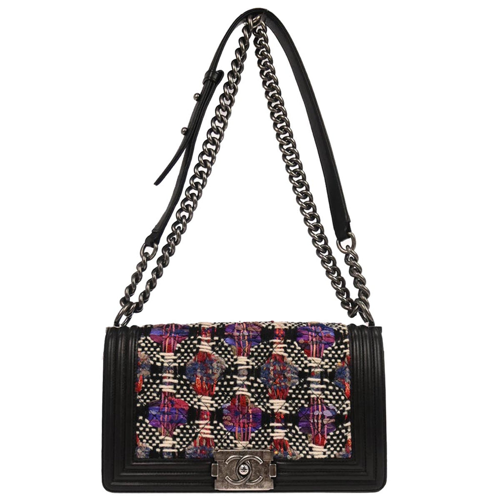 Boy Chanel 2017 Black Tweed Lambskin Medium Double Chain Shoulder Bag
