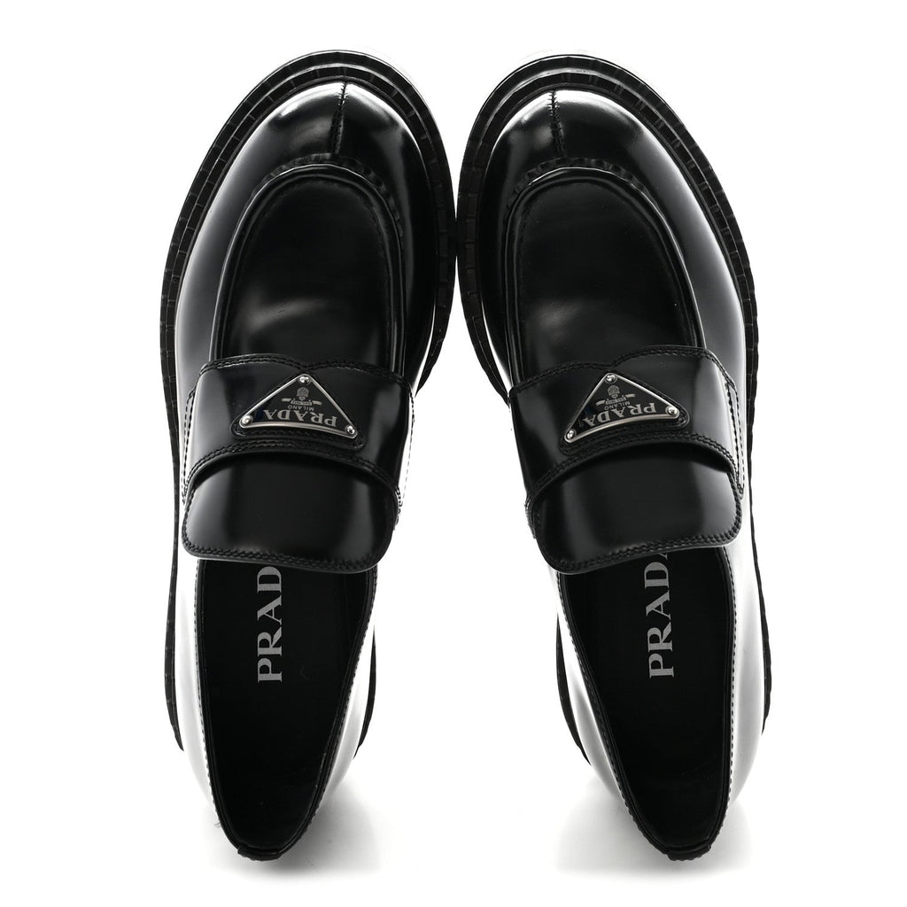Prada Metal Triangle Logo Double Chocolate Loafers 38 Black
