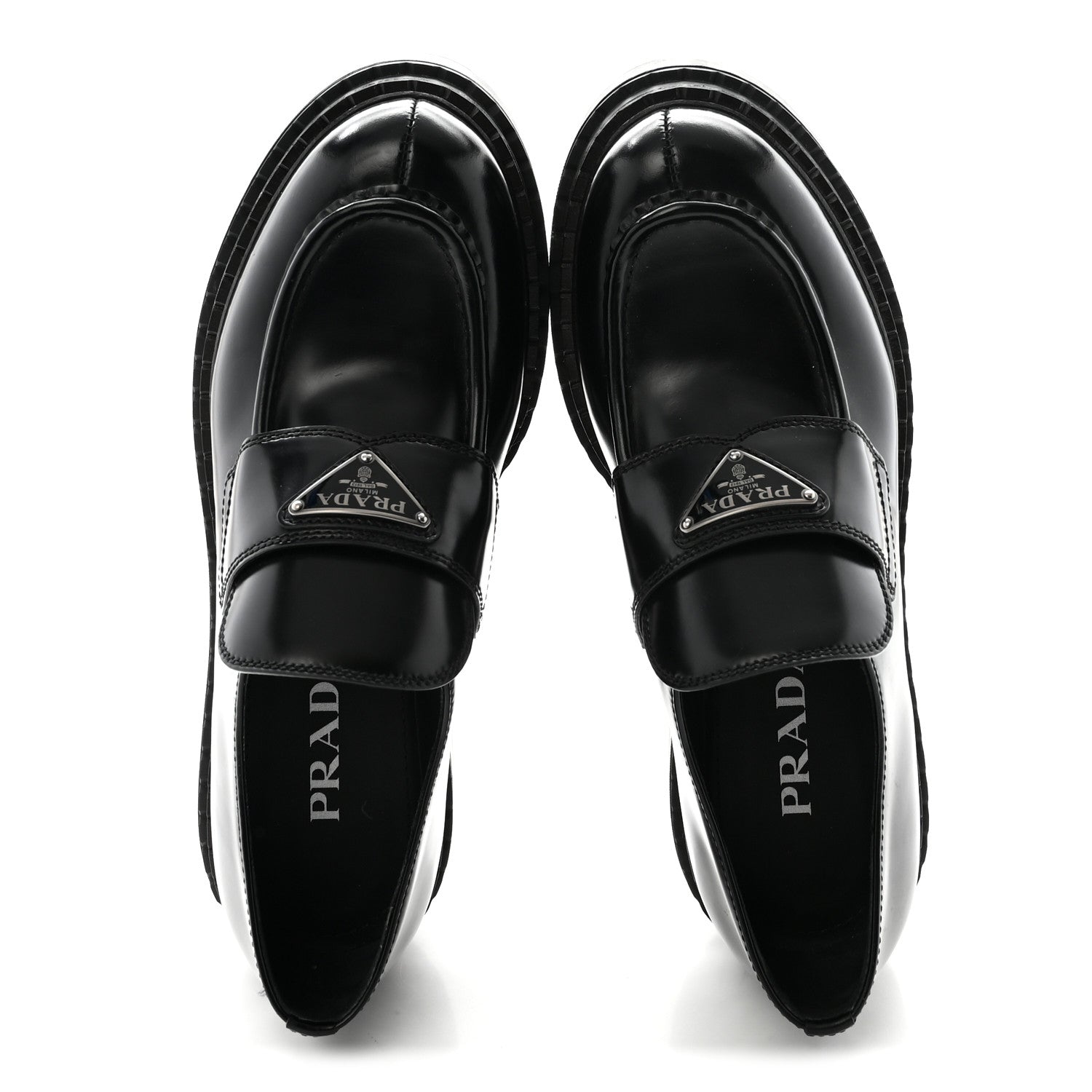 Prada Metal Triangle Logo Double Chocolate Loafers 38 Black