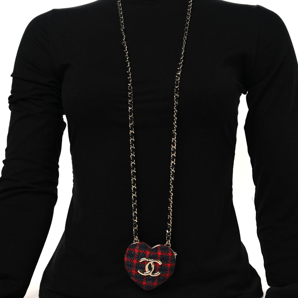 Chanel Tweed Lambskin CC Heart Mirror Locket Necklace Gold Grey Red Black