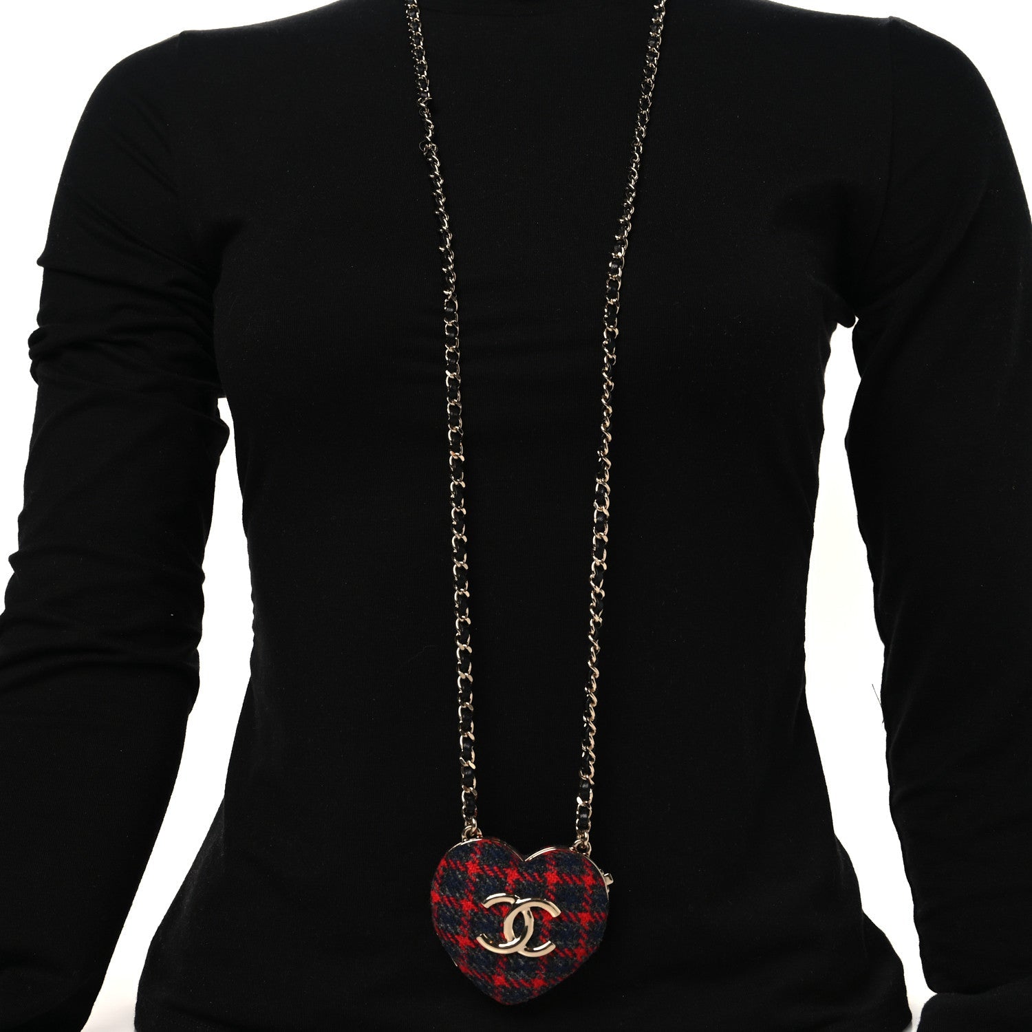 Chanel Tweed Lambskin CC Heart Mirror Locket Necklace Gold Grey Red Black
