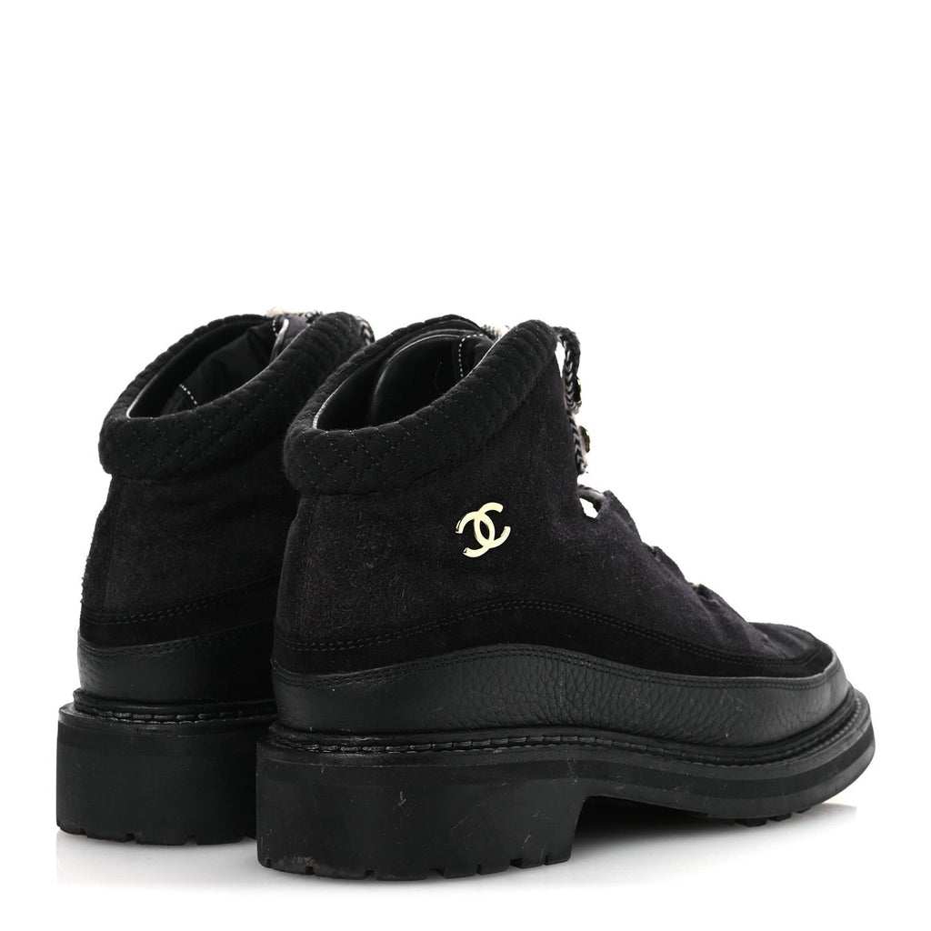 Chanel Suede Grained Calfskin CC Lace Up Boots 38 Black