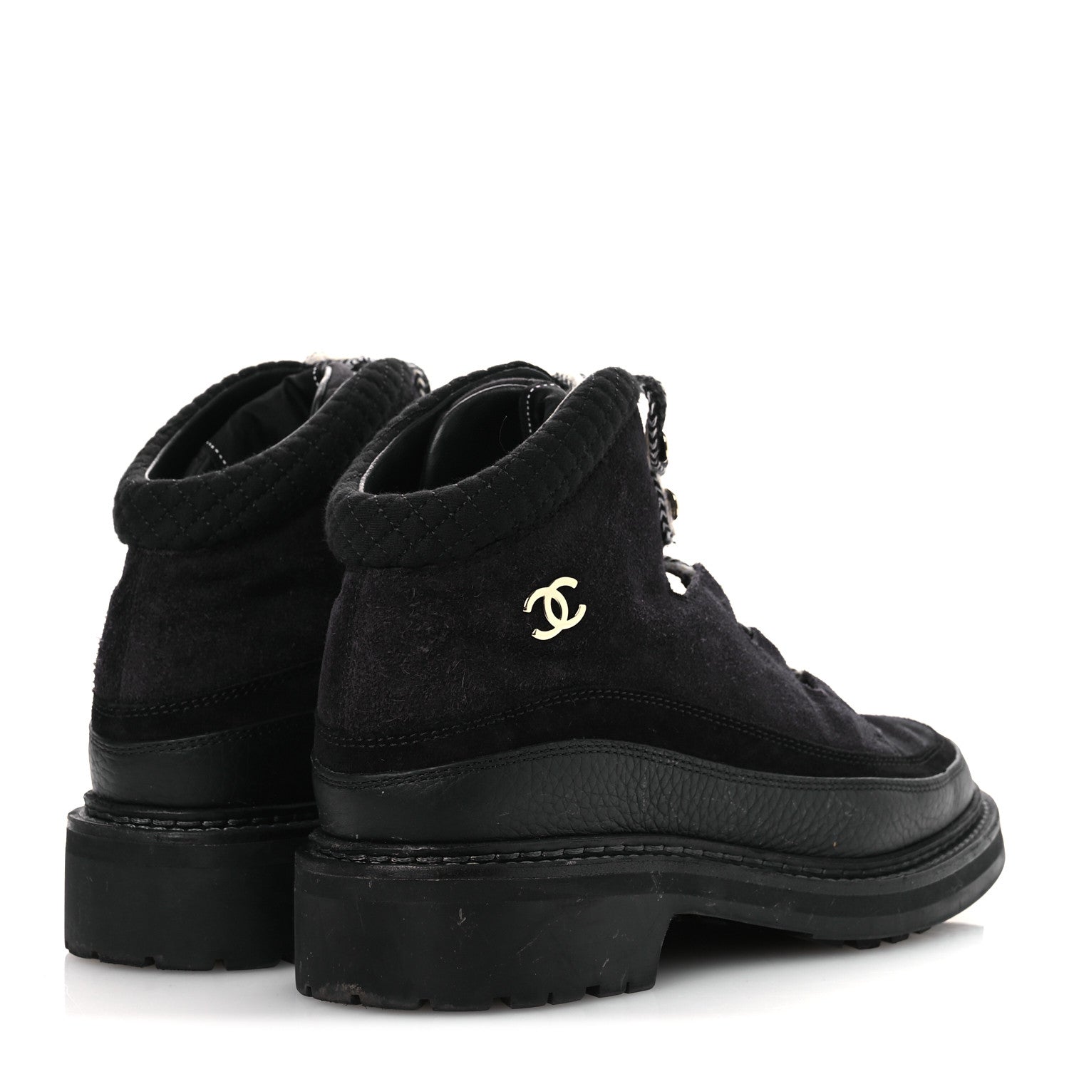 Chanel Suede Grained Calfskin CC Lace Up Boots 38 Black