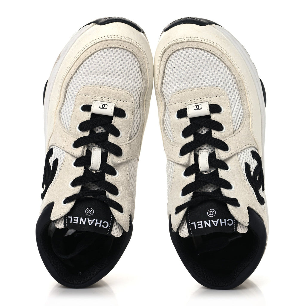 Mesh Suede Calfskin Grained Calfskin Womens CC Sneakers 37.5 White Black