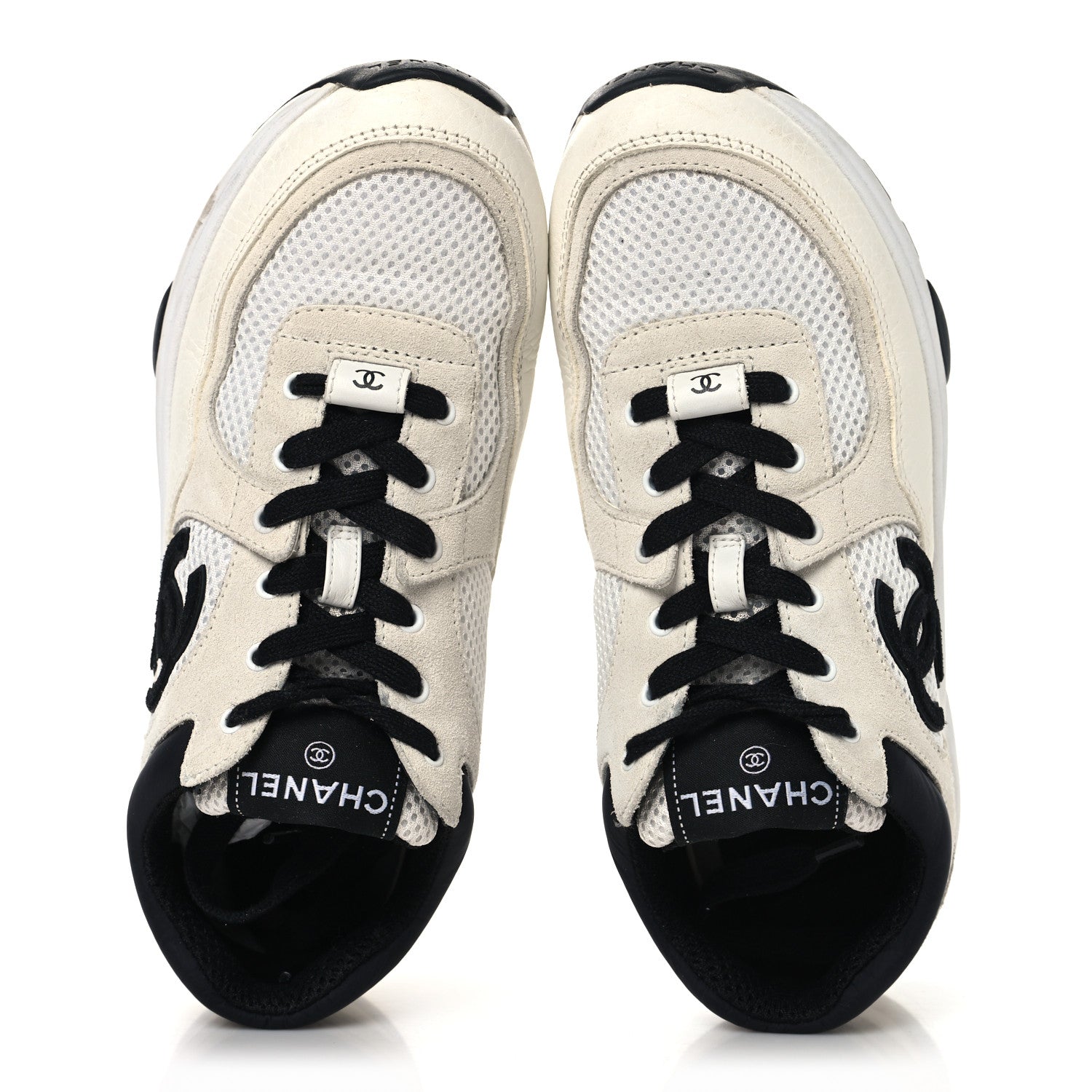 Mesh Suede Calfskin Grained Calfskin Womens CC Sneakers 37.5 White Black