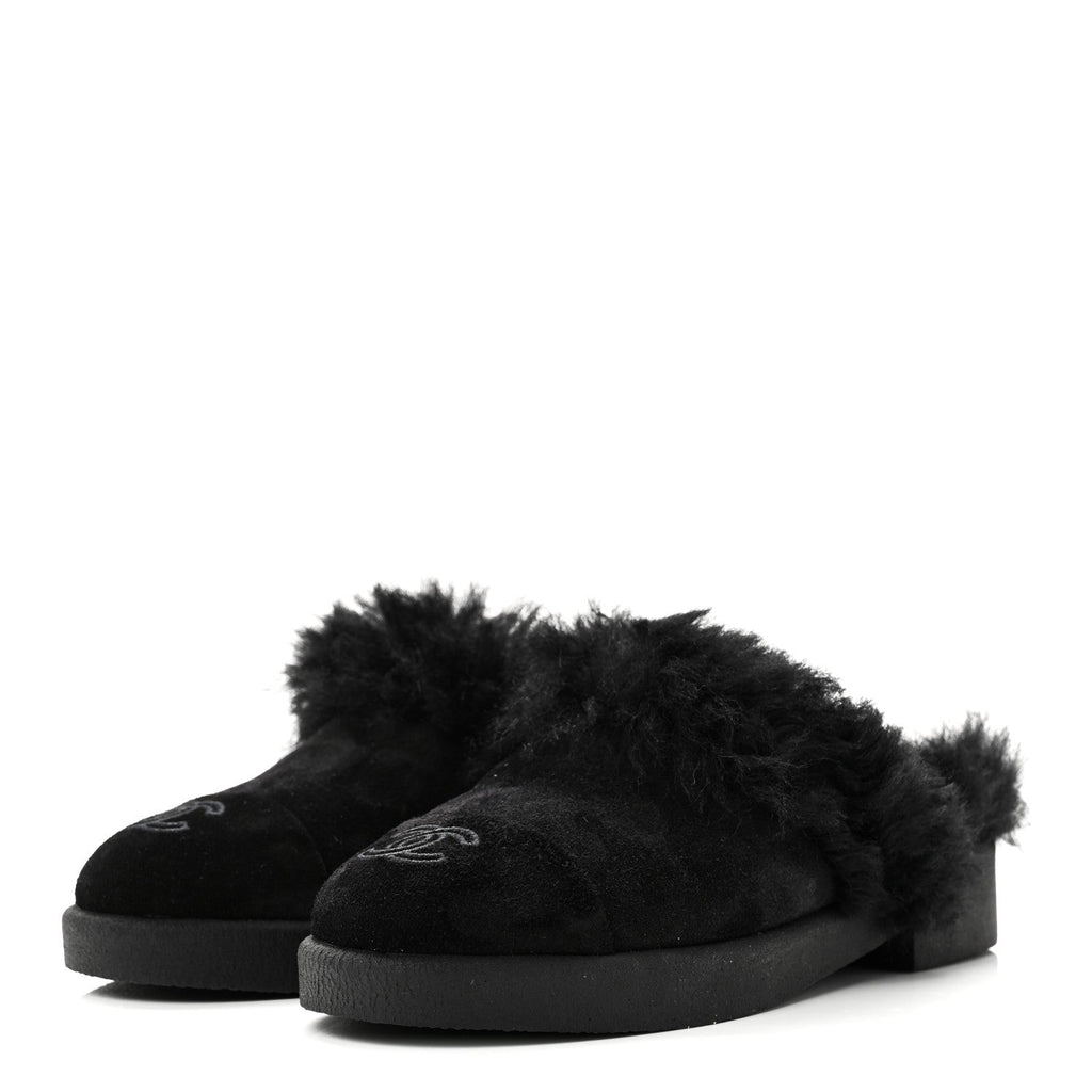 Chanel Suede Shearling CC Cap Toe Mules 36 Black