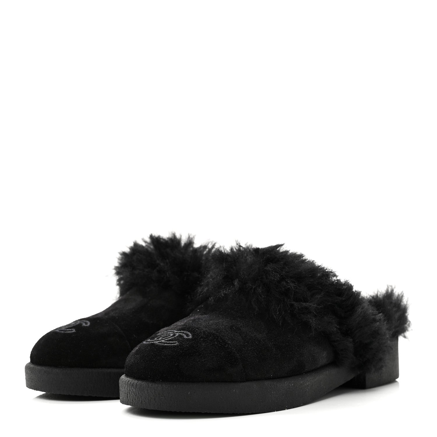 Chanel Suede Shearling CC Cap Toe Mules 36 Black