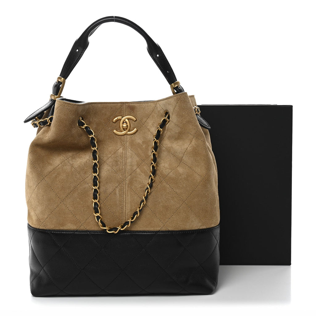 Chanel Suede Calfskin Shiny Lambskin Quilted Coco Base Shopping Bag Beige Black