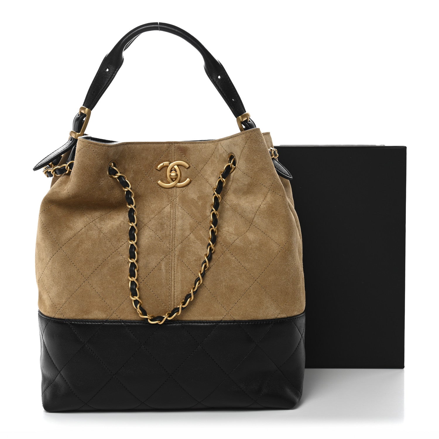 Chanel Suede Calfskin Shiny Lambskin Quilted Coco Base Shopping Bag Beige Black