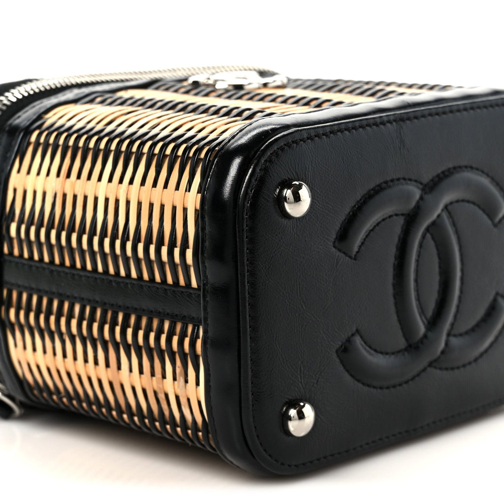 Chanel Calfskin Raffia Small Vanity Case Bag Black Beige